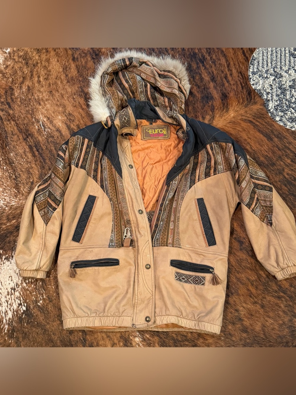 Vintage 80’s Euro Mond of California Genuine Leather Parka Aztec Fur Trim Hood M